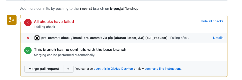 Screenshot of the failed test shown directly in the PR "checks" interface